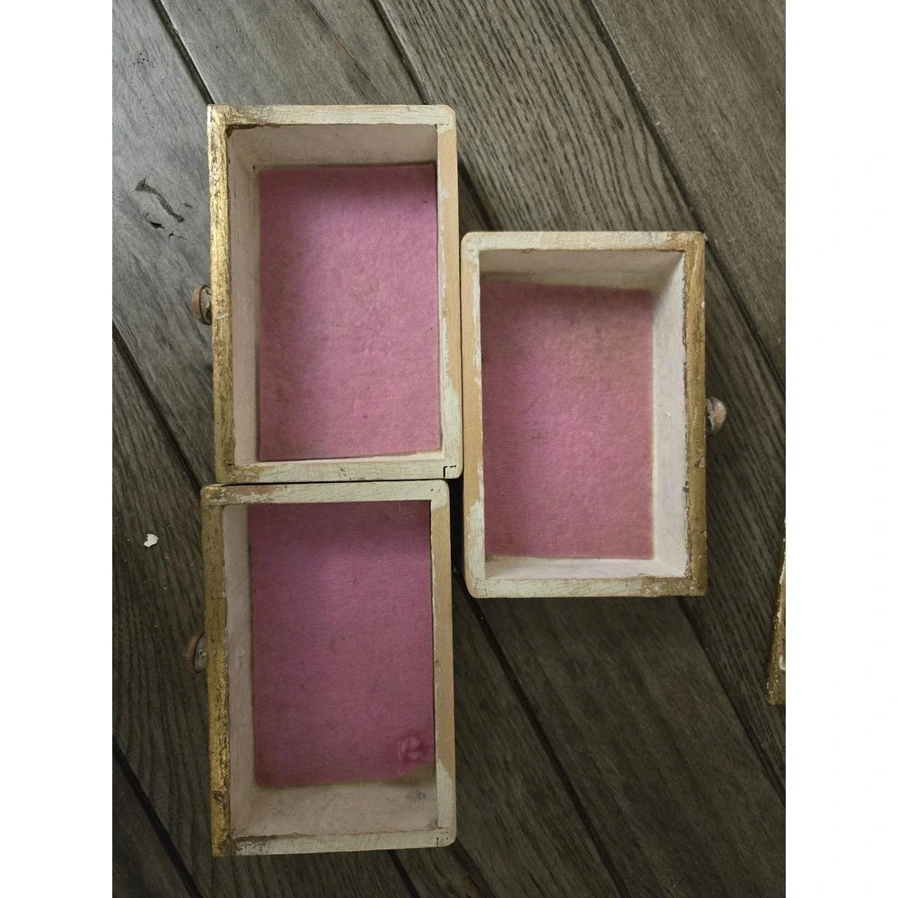 VINTAGE ITALIAN FLORENTINE JEWELRY BOX CHEST 3 DRAWER Gold Cream Pink 6.5